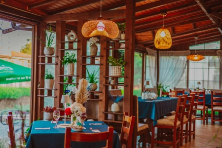 Vedere largă a interiorului cu tavan din lemn, decor vegetal și mese aranjate la restaurantul Dukov House, orașul Kavarna